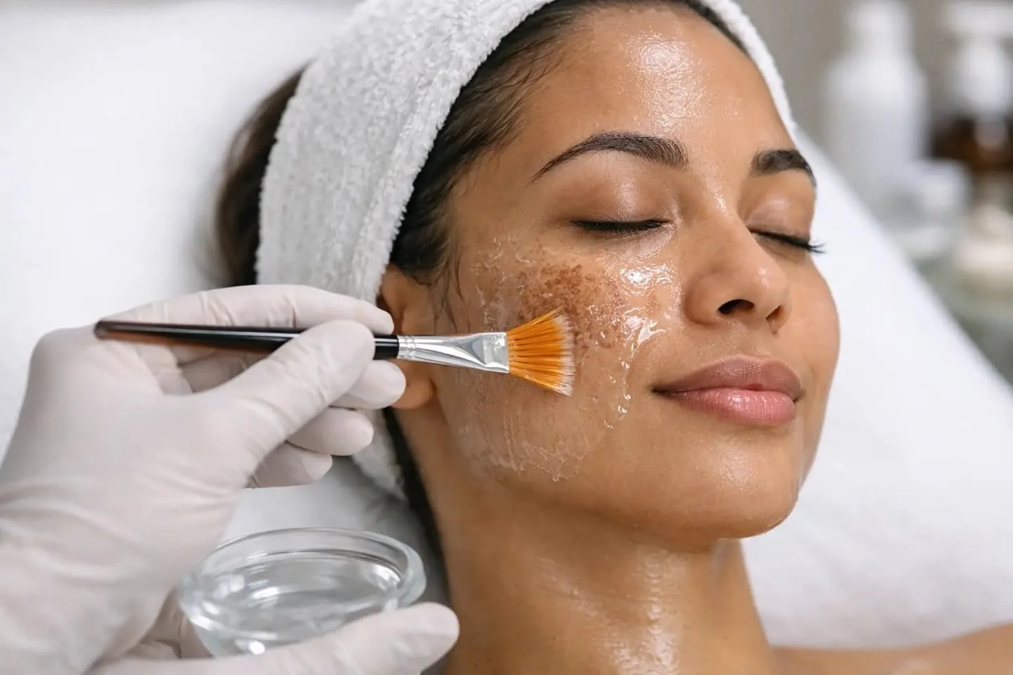 Applying a brightening peel with a fan brush during Whitening Glow Peel